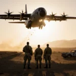 U.S. aircraft descending over war-torn Venezuelan landscape with soldiers standing at attention and a golden dawn glow