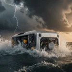Ocean robot C-Star endures towering waves with lightning flashing through storm clouds and golden sunset breaking overhead