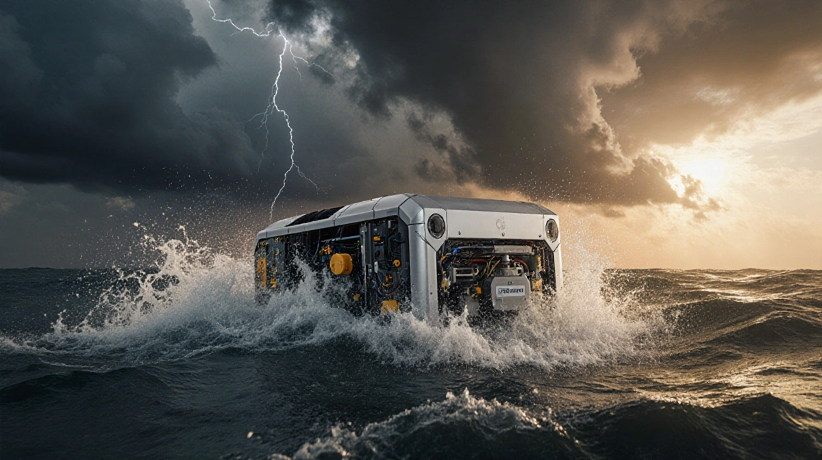 Ocean robot C-Star endures towering waves with lightning flashing through storm clouds and golden sunset breaking overhead