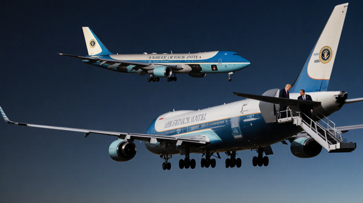 C-32-a Boeing 757 taking off at midnight with Air Force One departing in background and President Trump transferring between