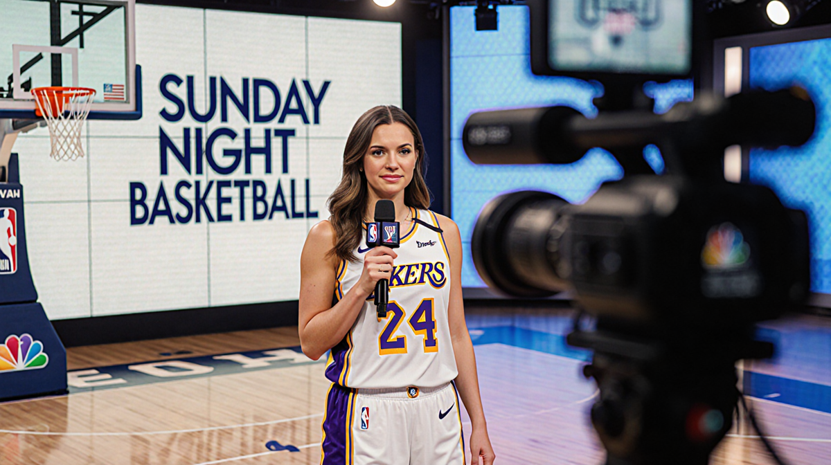 Caitlin Clark standing in front of a basketball hoop with a microphone and Lakers jersey in a TV studio.