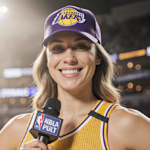 Caitlin Clark standing confidently with arm around microphone wearing Lakers jersey and hat for NBA Sunday Night