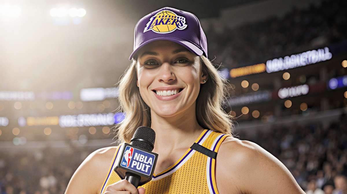 Caitlin Clark standing confidently with arm around microphone wearing Lakers jersey and hat for NBA Sunday Night