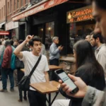 Person sneaking toward empty table with long line outside Cambodian restaurant and No Reservations sign