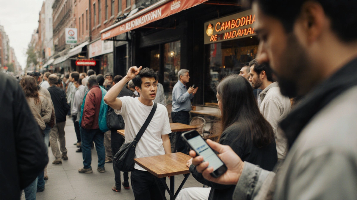 Person sneaking toward empty table with long line outside Cambodian restaurant and No Reservations sign