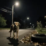 Sad dog gazing up with dim streetlamp light and wilting flowers in quiet Camden street