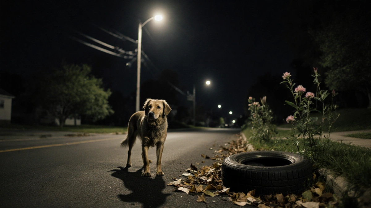 Sad dog gazing up with dim streetlamp light and wilting flowers in quiet Camden street