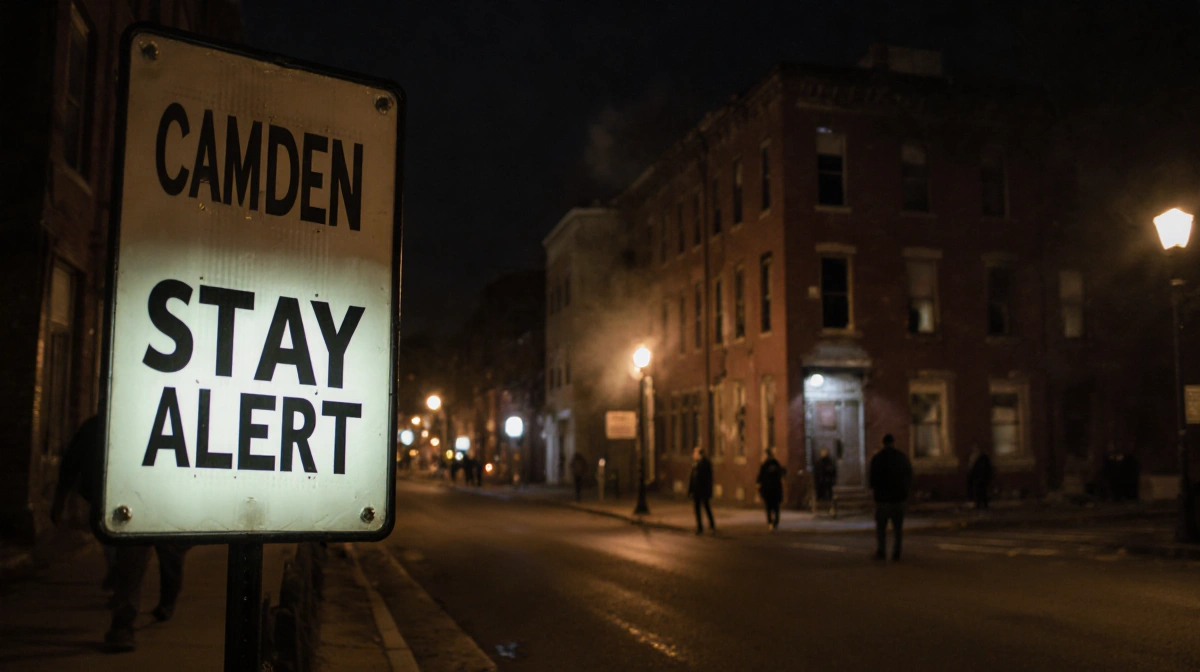 Street sign announcing Stay Alert with light and flickering streetlamps beside a blurred abandoned building in Camden night