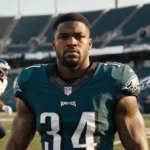 Cameron Williams stands confidently in Eagles jersey with football gear facing Von Miller sprinting in Commanders stadium