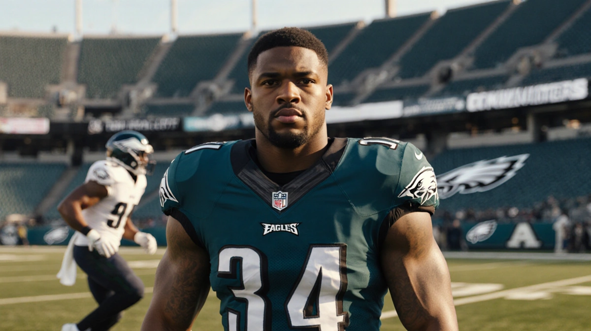 Cameron Williams stands confidently in Eagles jersey with football gear facing Von Miller sprinting in Commanders stadium
