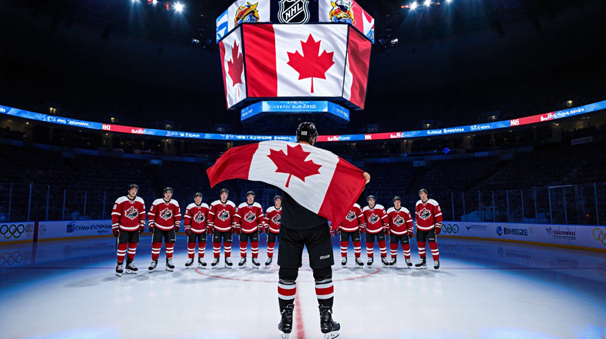 Sidney Crosby standing proud with Canadian flag draped over his shoulder and Connor McDavid behind him in a hockey team ice r