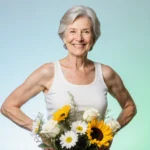 Middle-aged woman stands with arms wrapped around herself showing self-care with vibrant flowers at her feet