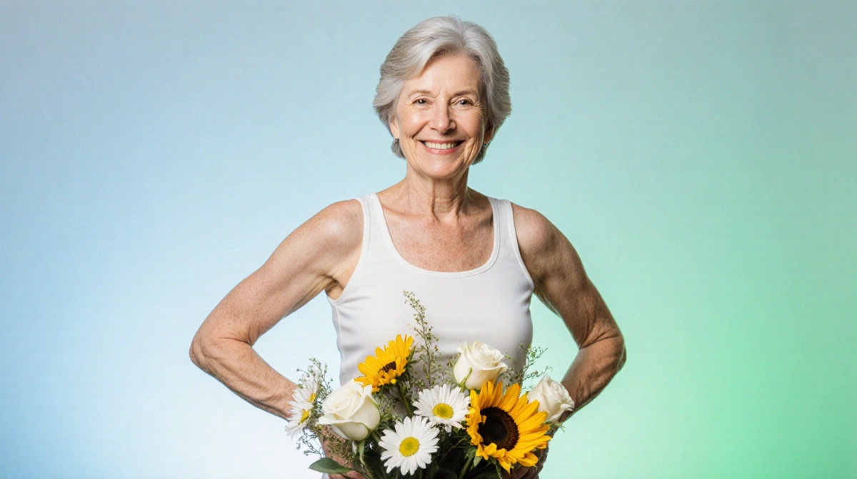 Middle-aged woman stands with arms wrapped around herself showing self-care with vibrant flowers at her feet