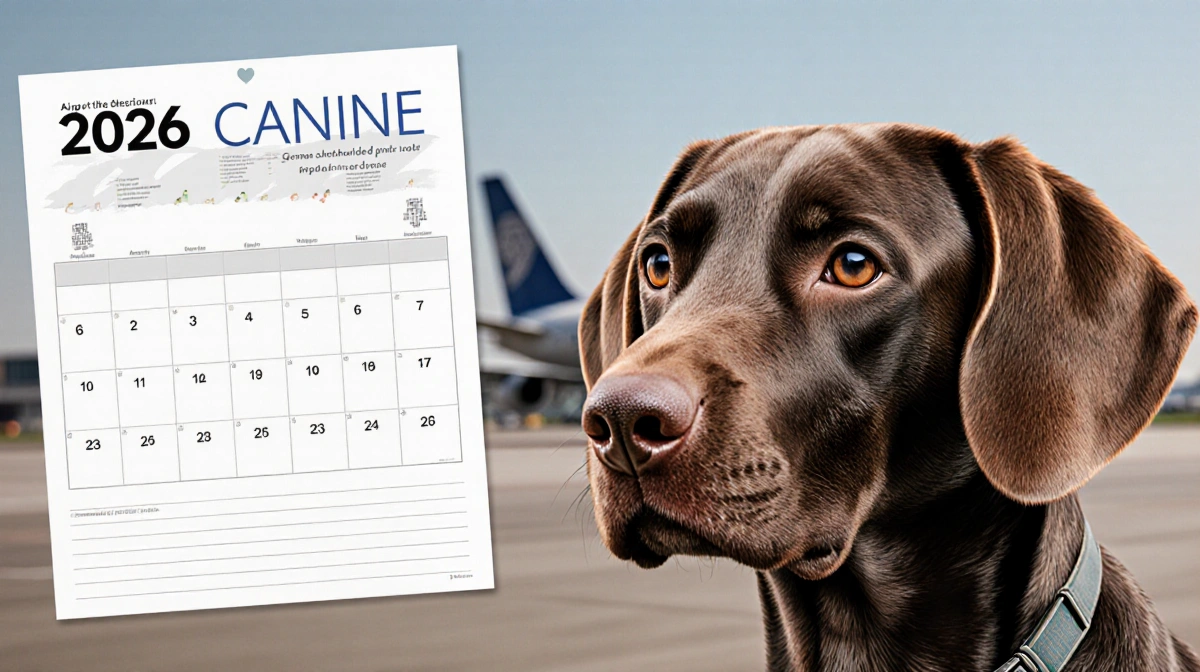 German shorthaired pointer looks toward camera with blurred calendar and faint airport runway backdrop.