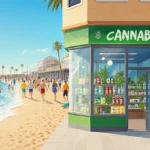Cannabis dispensary opens windows with colorful products and plants while beach boardwalk and waves glow in sunlight.