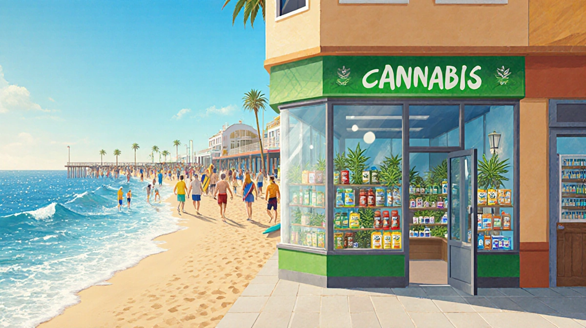 Cannabis dispensary opens windows with colorful products and plants while beach boardwalk and waves glow in sunlight.