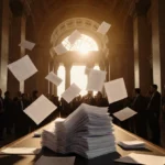 Capitol hallway teems with lawmakers and protesters while a huge stack of documents blows across a long table.