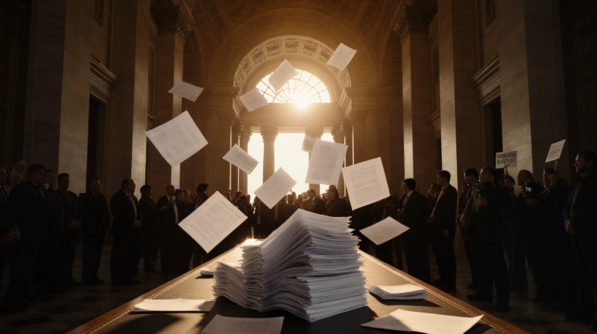 Capitol hallway teems with lawmakers and protesters while a huge stack of documents blows across a long table.