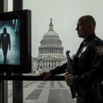 US Capitol officer behind bulletproof barrier with gun and CCTV screen showing menacing figure in misty morning