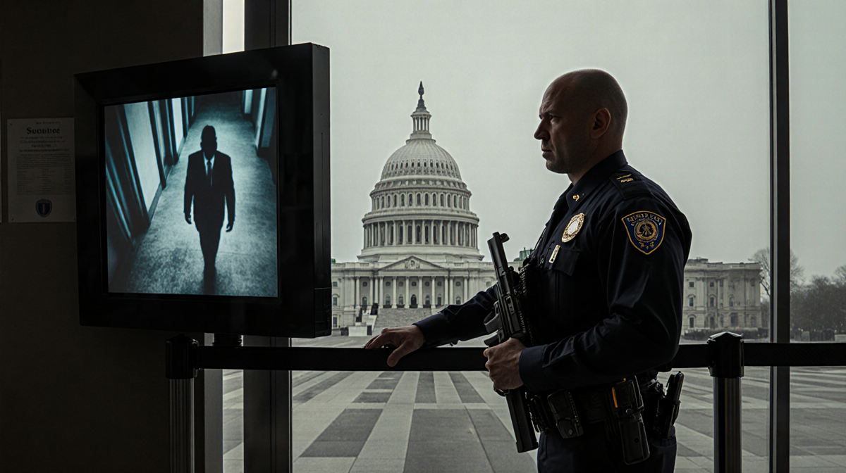 US Capitol officer behind bulletproof barrier with gun and CCTV screen showing menacing figure in misty morning
