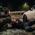 Driver being dragged across the ground with shattered glass and twisted metal and collision traffic blur and boardwalk in bac
