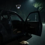 Car door stands open with interior light revealing cash on floor and security camera overhead