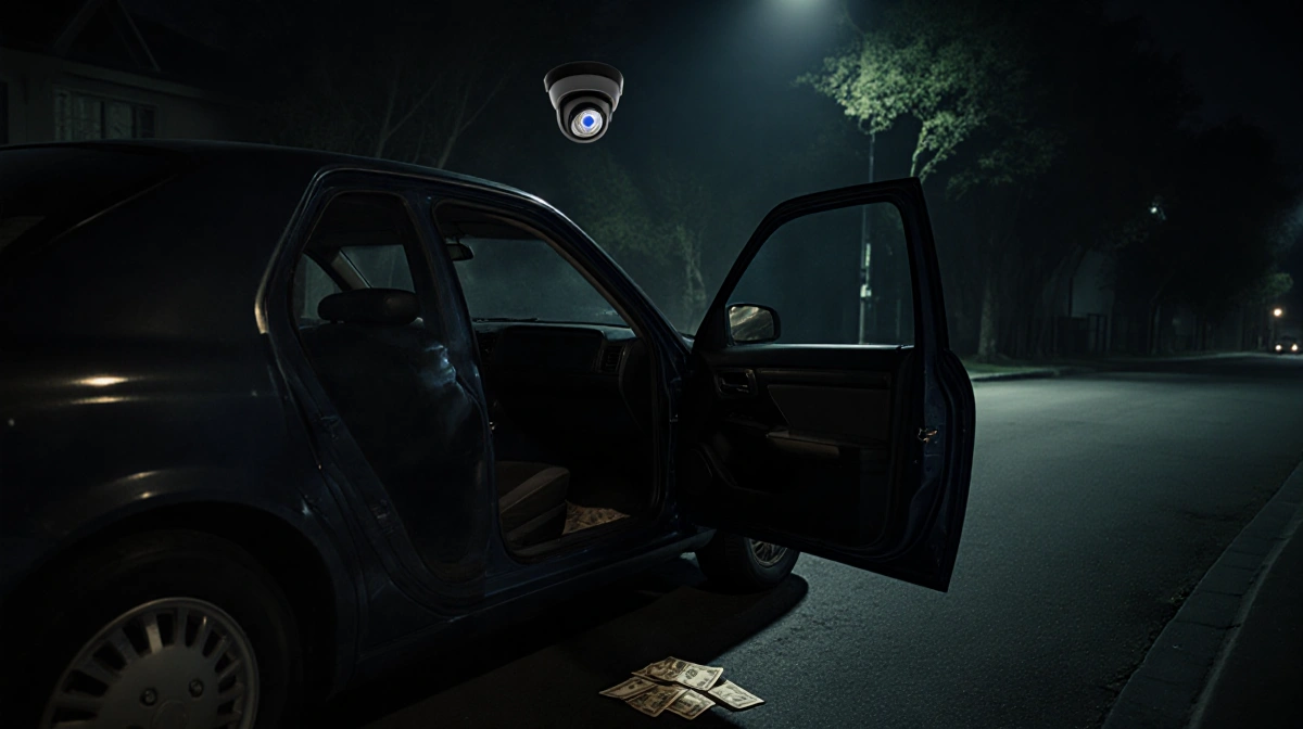 Car door stands open with interior light revealing cash on floor and security camera overhead