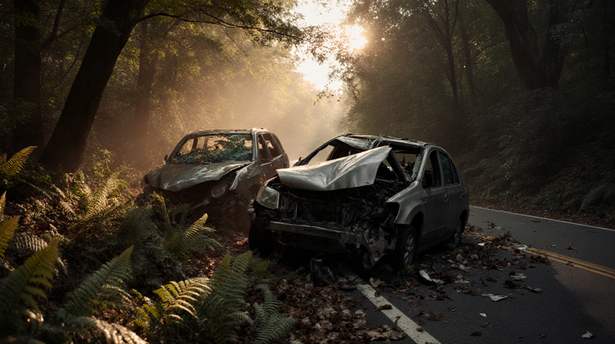Overturned cars tangled together with shattered glass and twisted metal near empty winding road in Fairmount Park