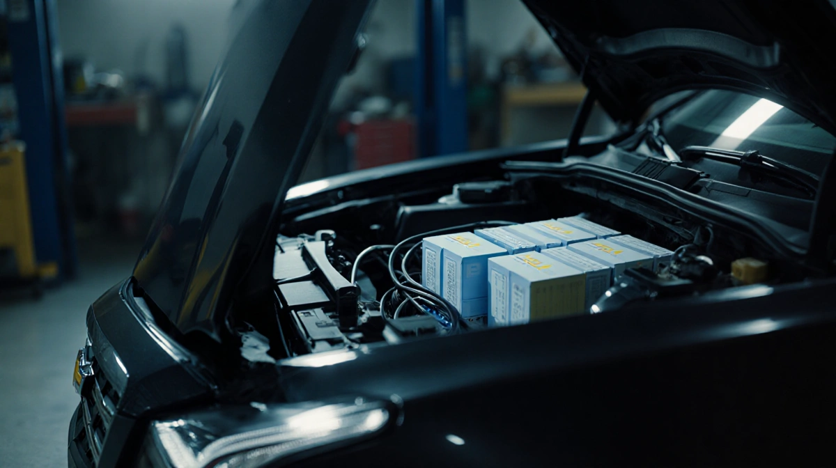 Sleek Chevrolet with hood open revealing encrypted files and data cables in dim garage