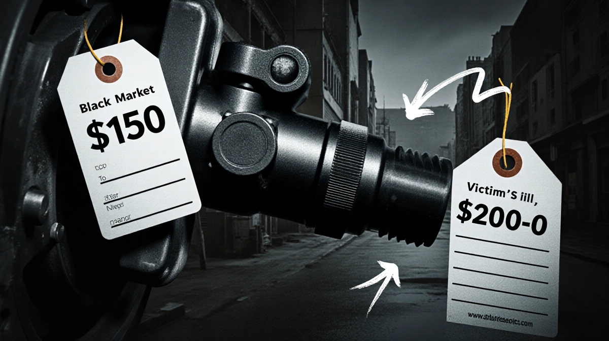 Car part sensor showing black market price tag $150 with victim bill $2000-$3000 and cityscape background