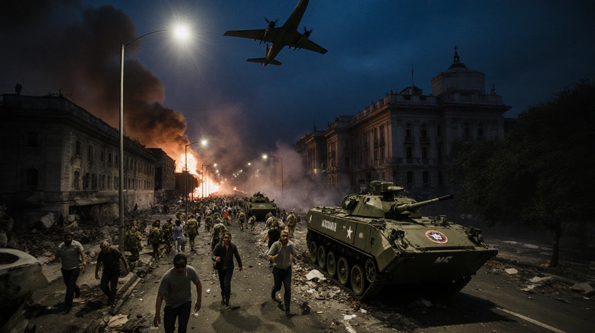 Pedestrians evacuating Caracas streets with armored National Guard vehicles near Miraflores palace and smoke from explosions