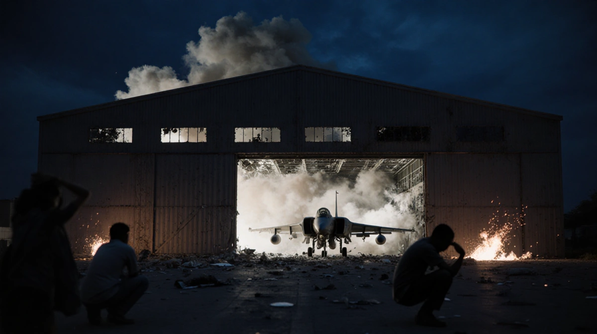 People crouching shield their faces with smoke and flames around a shattered hangar in Caracas