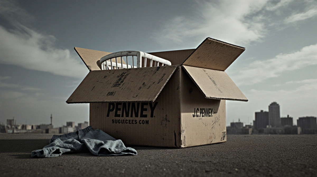 Weathered cardboard box sits abandoned on empty street with baby bassinet inside and scattered children's clothes nearby