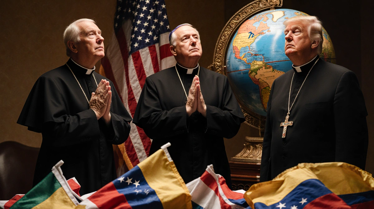 Three cardinals pray over an ornate globe with American flag behind and world flags scattered below