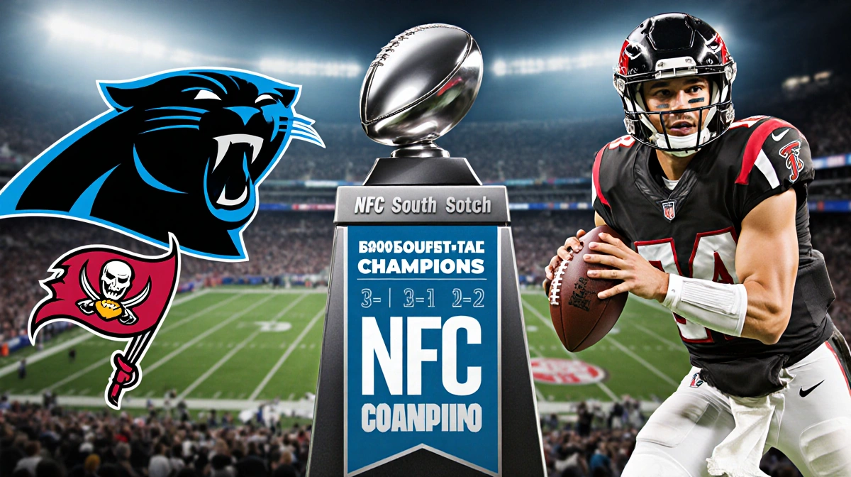 Panthers logo on banner dominates with stadium showing blurred Buccaneers logo split-screen of wins Bryce Young football