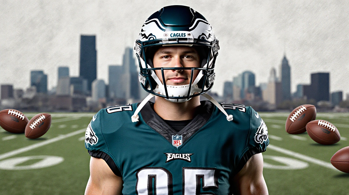 Carson Steele stands confidently in Eagles uniform with Chiefs helmet and Philadelphia skyline behind him