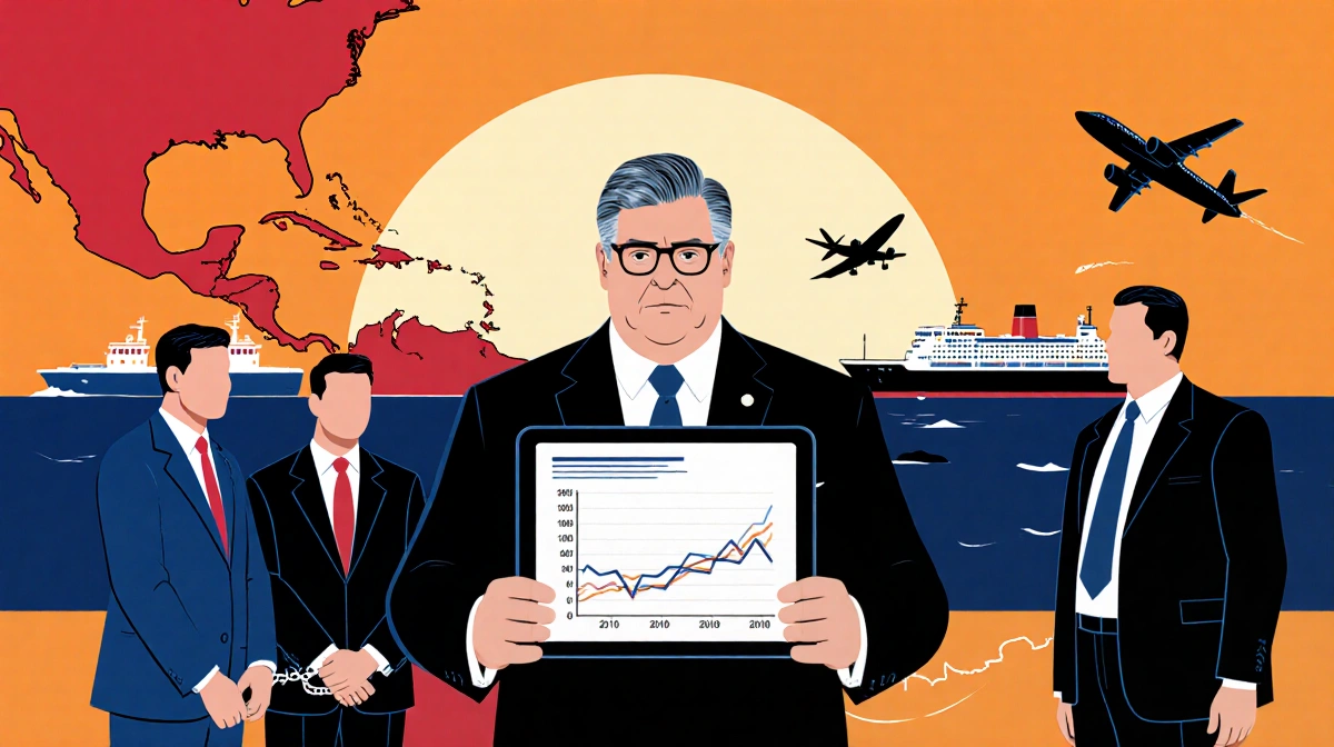 William Barr standing holding a tablet with cocaine trafficking graph with Maduro and Cabello cuffed nearby and Caribbean map