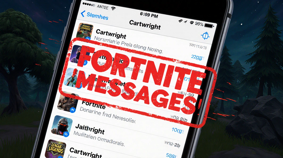 Smartphone screen showing Cartwright's gaming messages with red bold text and pixelated gaming background