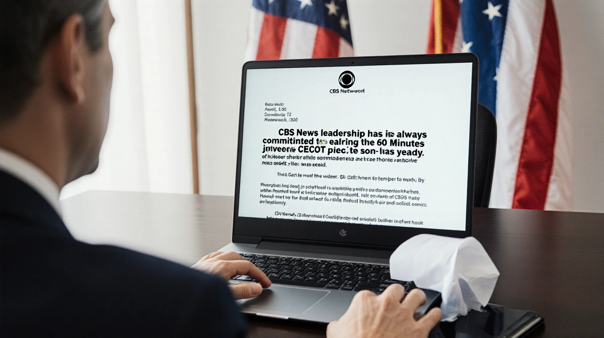 CBS News executive reads laptop screen with network statement showing 60 Minutes commitment