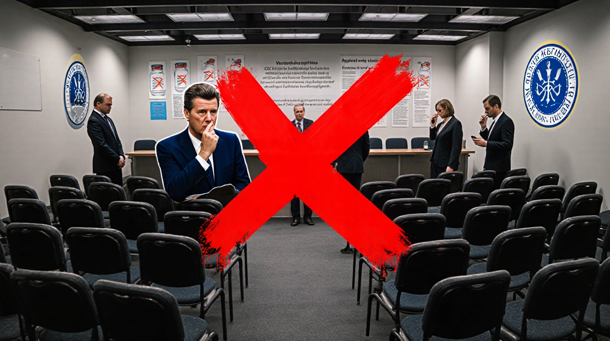 Empty room with 17 chairs dissolving CDC advisory with skeptical people examining vaccine vials and a red X dominating center