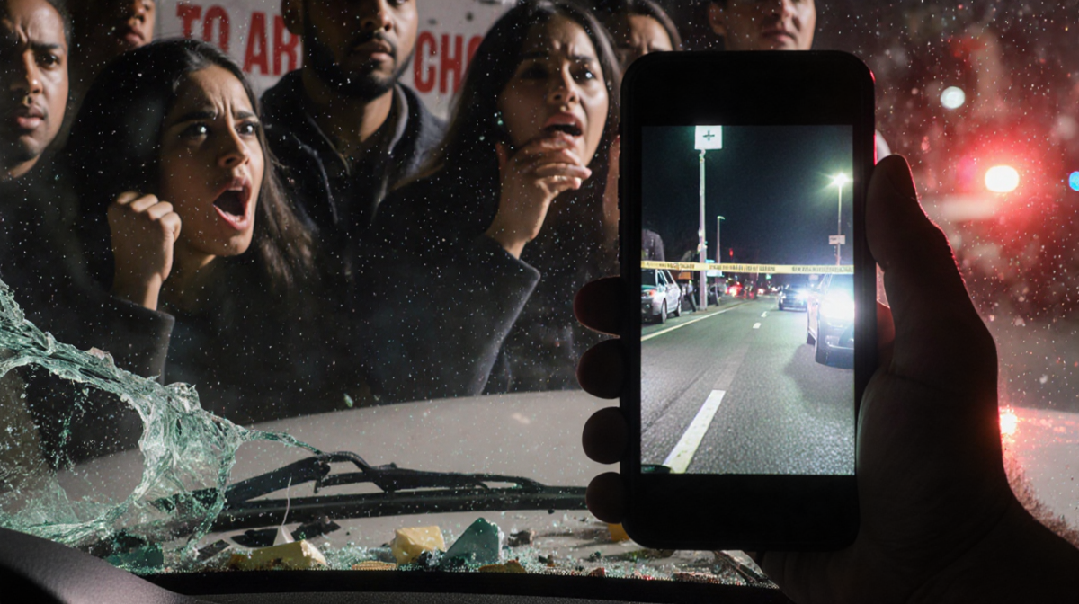 Phone screen showing grainy footage of fatal shooting with shattered windshield and protesters reacting