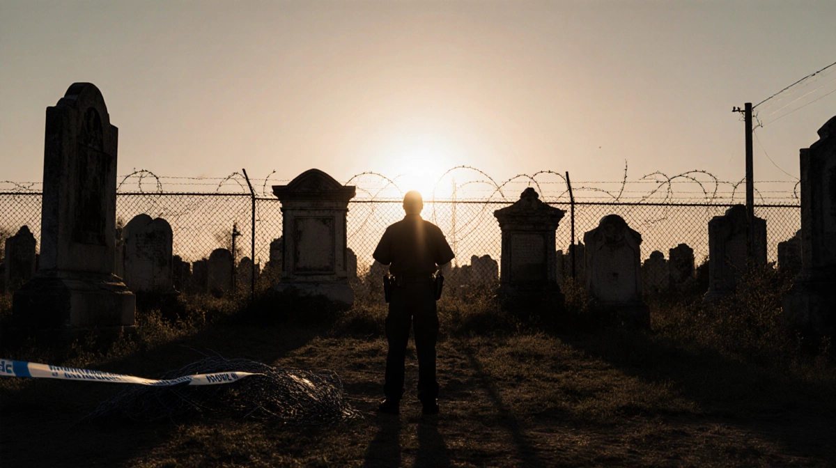 Security guard stands at cemetery fence with setting sun casting long shadows across overgrown graves