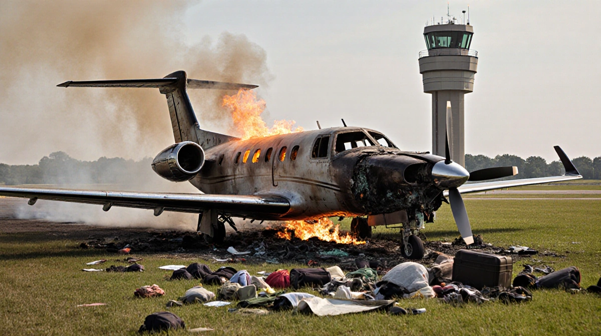 Cessna C550 business jet burning with damaged wings and cockpit fire near Statesville Regional Airport control tower