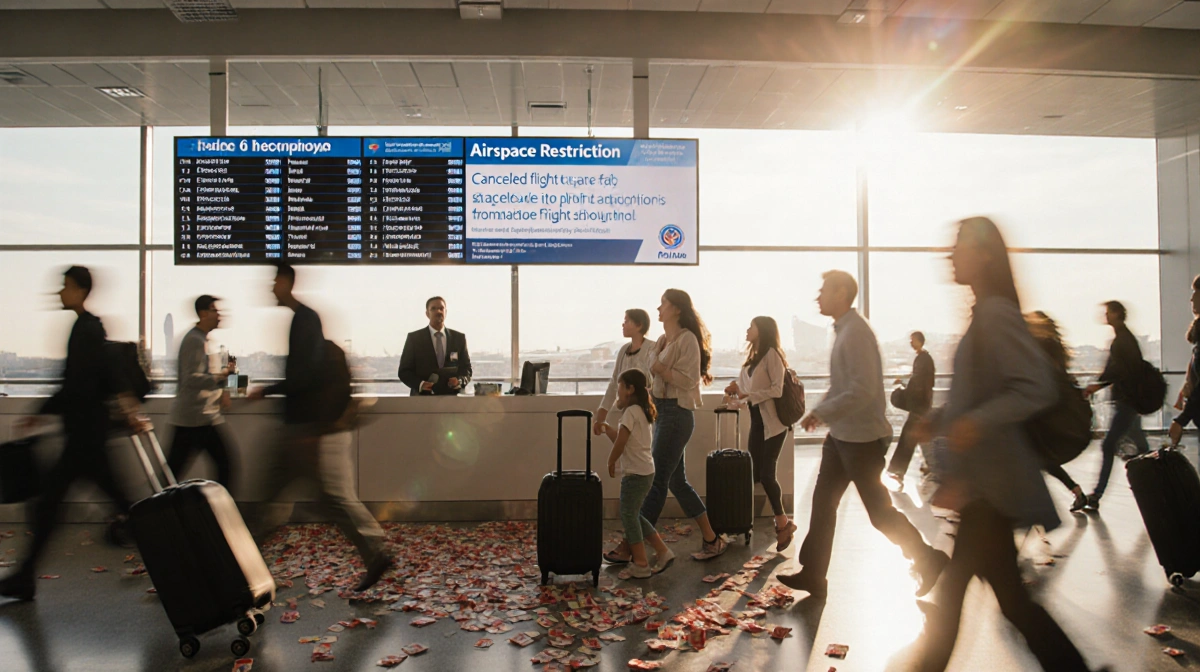 Two families asking airline staff for help with canceled flights and luggage and natural light flooding airport.