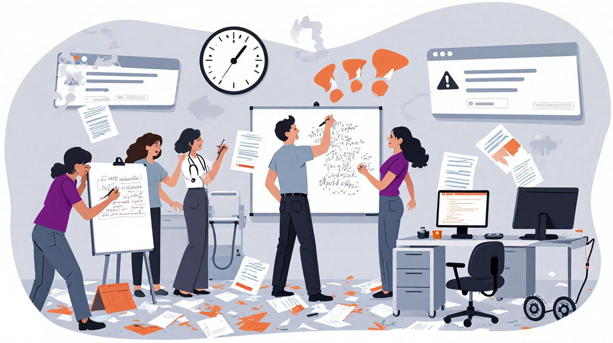Stressed healthcare workers frantically scribble notes on whiteboards with scattered papers and broken computers showing erro
