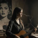 Chappell Roan holding a broken guitar string with old records and a faded Bardot portrait behind
