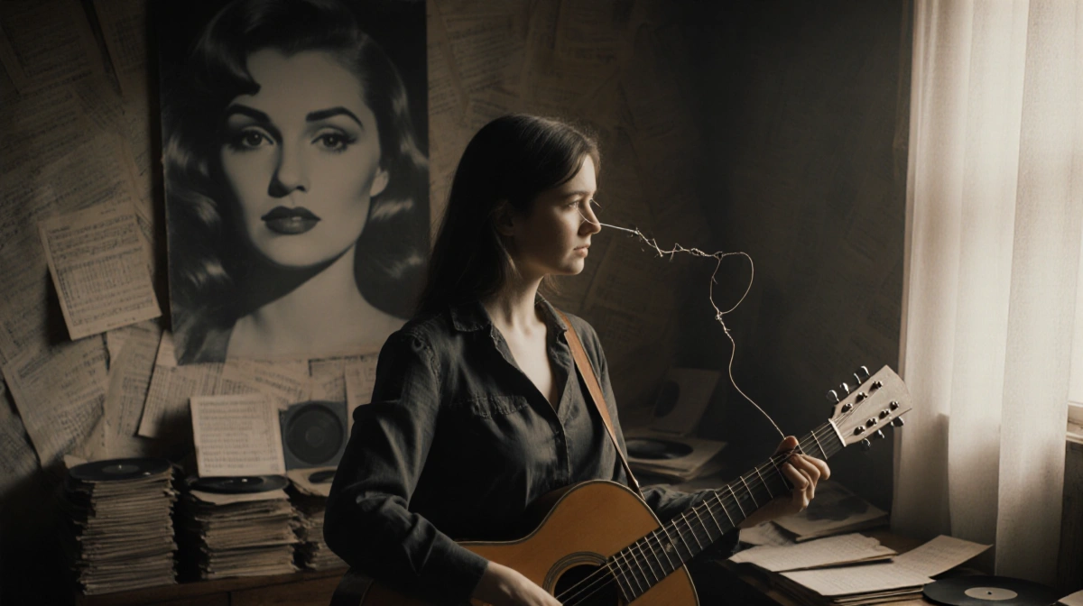 Chappell Roan holding a broken guitar string with old records and a faded Bardot portrait behind