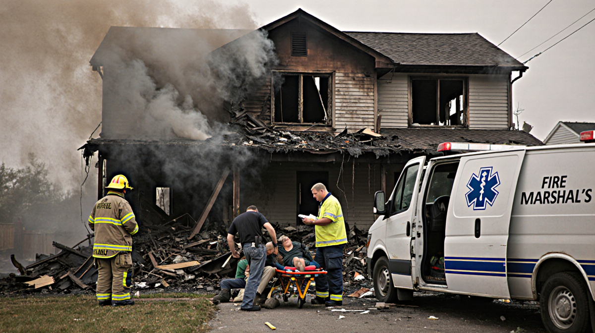 Firefighter surveying charred home with smoke and EMT treating patients near fire marshal van
