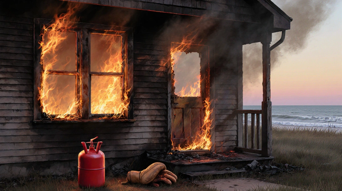 Charred oceanfront house blazing with flames licking windows and a red gas can beside a charred glove with morning sky visibl