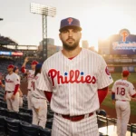 Chase Shugart stands on dugout steps with Phillies teammates and baseball card showing near bench